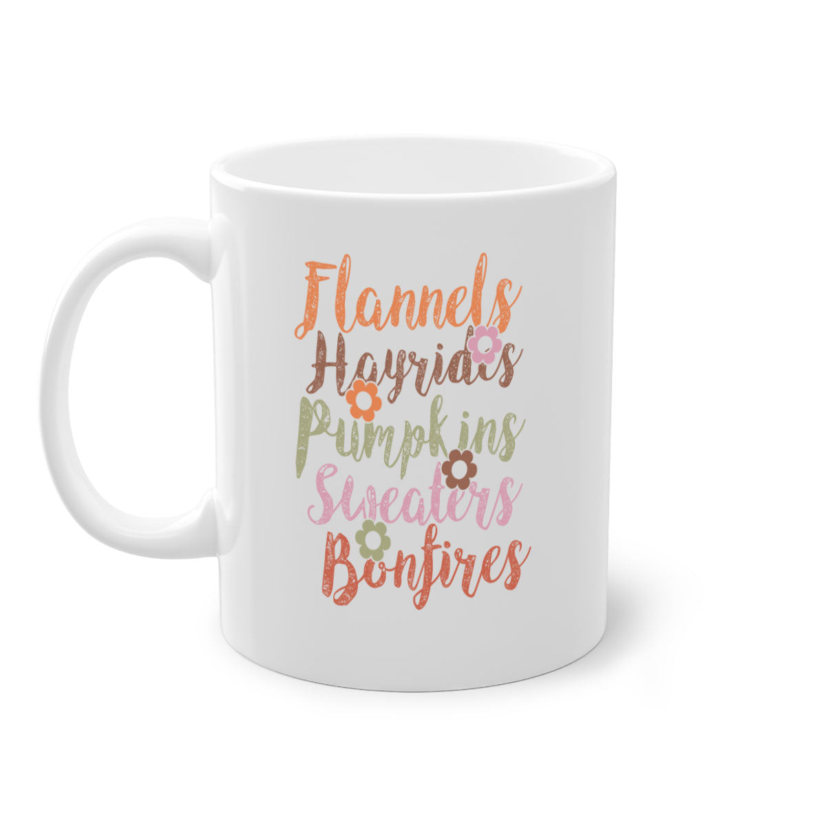 Flannels Hayrides Pumpkins Sweaters Bonfires Mug with colorful handle and glossy finish, perfect for fall beverages.