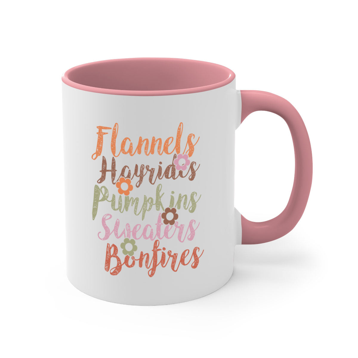Flannels Hayrides Pumpkins Sweaters Bonfires Mug with colorful handle and glossy finish, perfect for fall beverages.