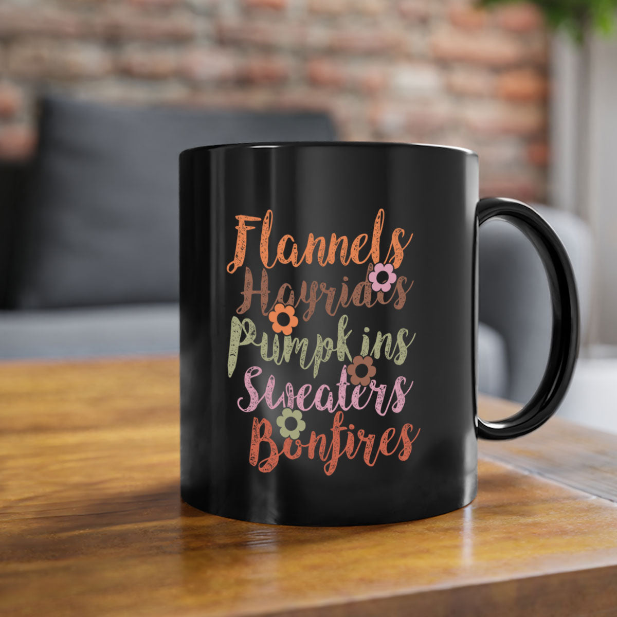 Flannels Hayrides Pumpkins Sweaters Bonfires Mug with colorful handle and glossy finish, perfect for fall beverages.