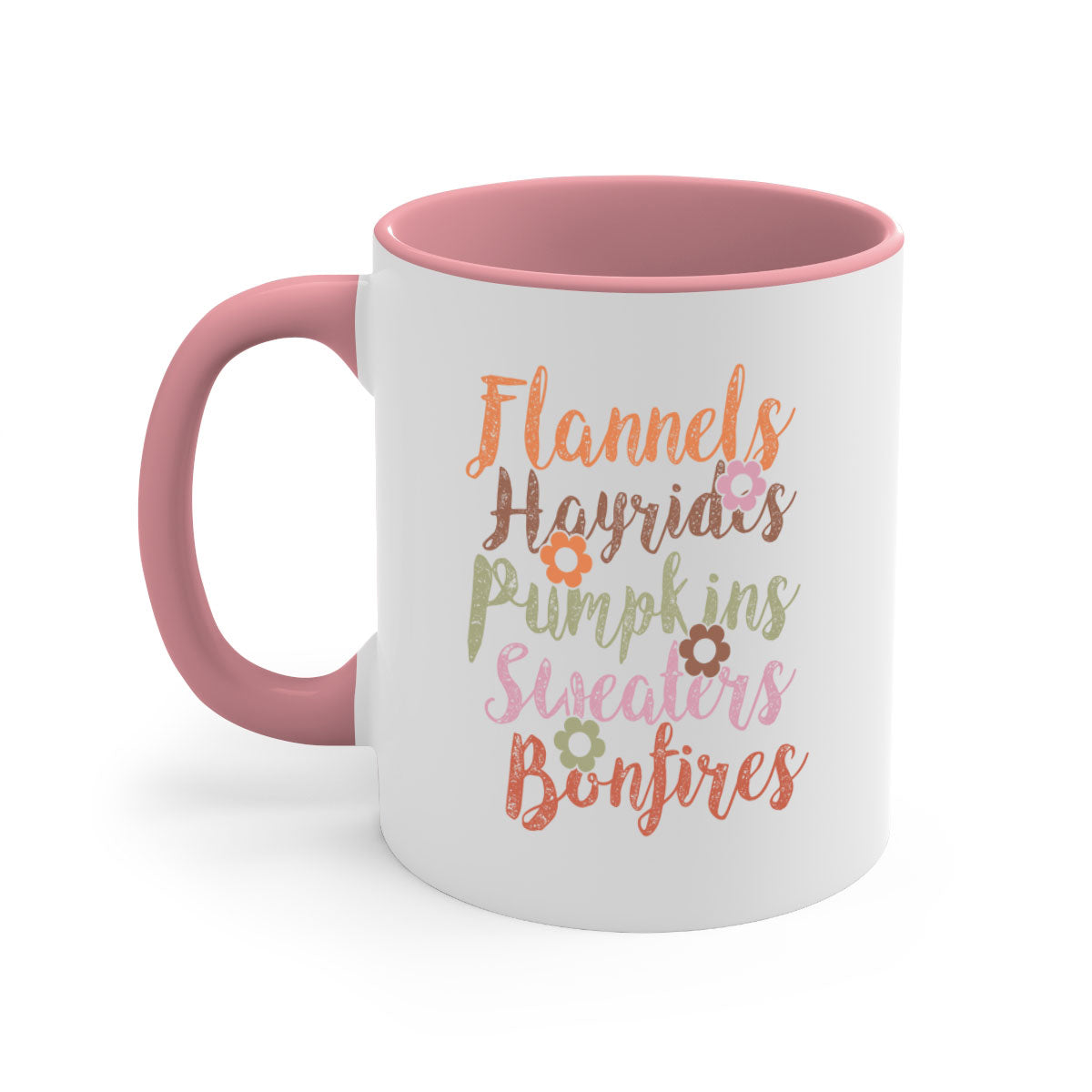 Flannels Hayrides Pumpkins Sweaters Bonfires Mug with colorful handle and glossy finish, perfect for fall beverages.