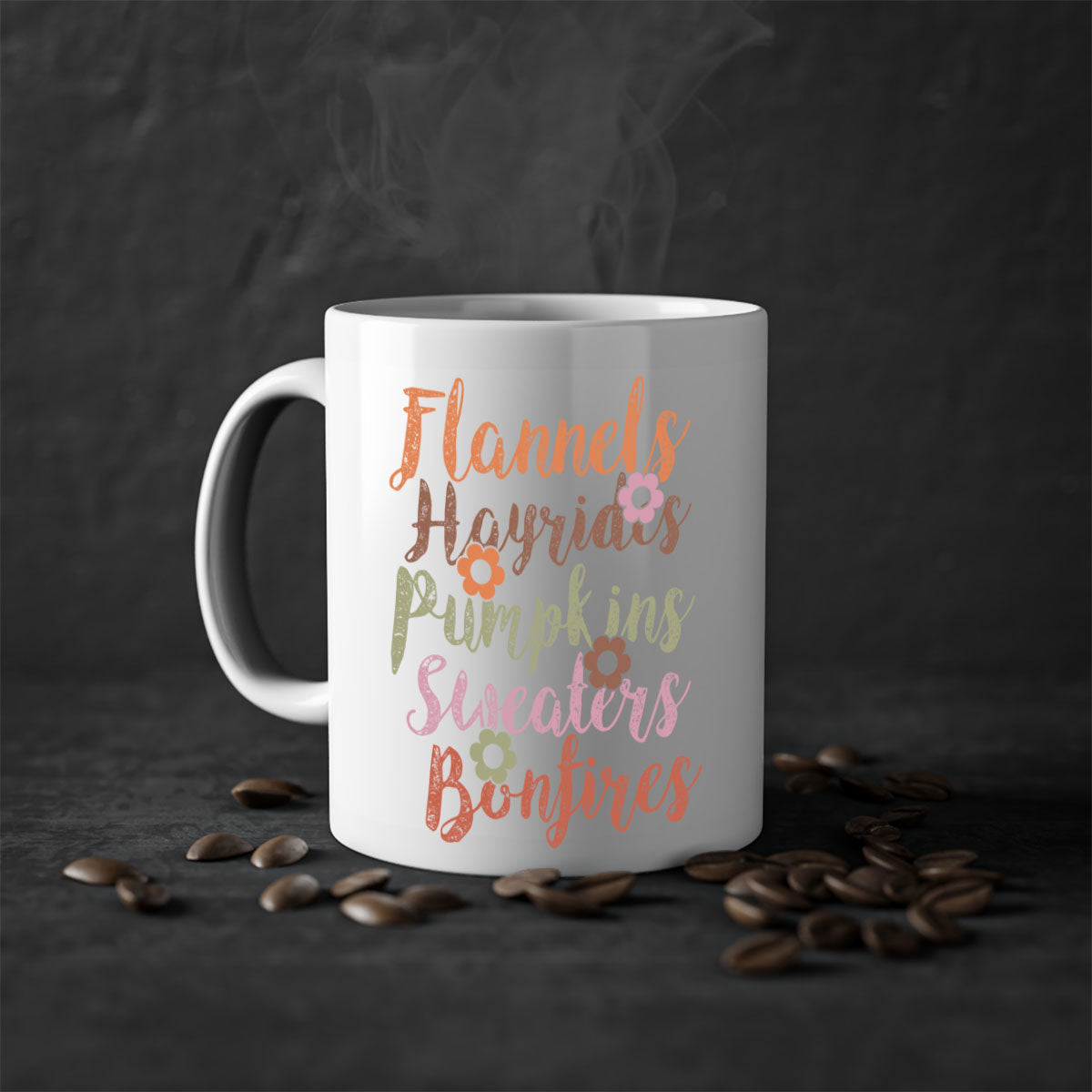 Flannels Hayrides Pumpkins Sweaters Bonfires Mug with colorful handle and glossy finish, perfect for fall beverages.