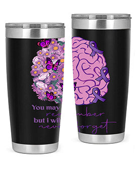 Floral Brain I Will Never Forget tumbler featuring a vibrant floral design, available in 20oz and 30oz sizes, made of stainless steel.