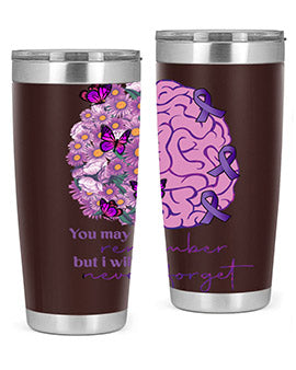 Floral Brain I Will Never Forget tumbler featuring a vibrant floral design, available in 20oz and 30oz sizes, made of stainless steel.