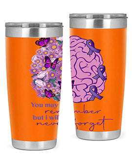 Floral Brain I Will Never Forget tumbler featuring a vibrant floral design, available in 20oz and 30oz sizes, made of stainless steel.
