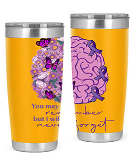 Floral Brain I Will Never Forget tumbler featuring a vibrant floral design, available in 20oz and 30oz sizes, made of stainless steel.