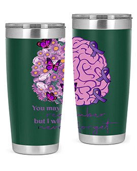 Floral Brain I Will Never Forget tumbler featuring a vibrant floral design, available in 20oz and 30oz sizes, made of stainless steel.