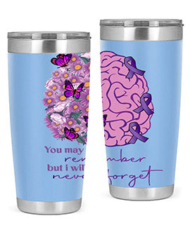 Floral Brain I Will Never Forget tumbler featuring a vibrant floral design, available in 20oz and 30oz sizes, made of stainless steel.