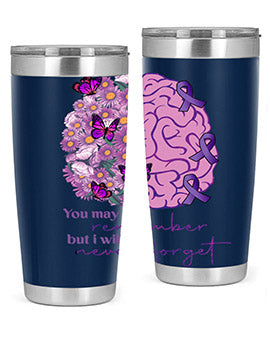 Floral Brain I Will Never Forget tumbler featuring a vibrant floral design, available in 20oz and 30oz sizes, made of stainless steel.