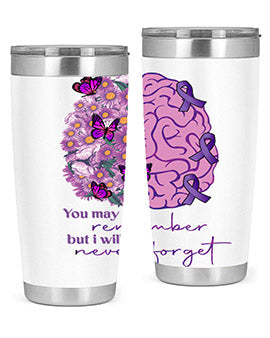 Floral Brain I Will Never Forget tumbler featuring a vibrant floral design, available in 20oz and 30oz sizes, made of stainless steel.