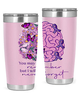 Floral Brain I Will Never Forget tumbler featuring a vibrant floral design, available in 20oz and 30oz sizes, made of stainless steel.