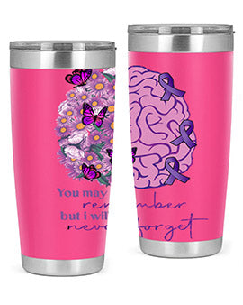 Floral Brain I Will Never Forget tumbler featuring a vibrant floral design, available in 20oz and 30oz sizes, made of stainless steel.