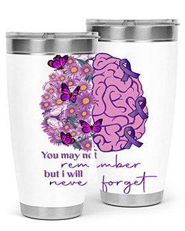 Floral Brain I Will Never Forget tumbler featuring a vibrant floral design, available in 20oz and 30oz sizes, made of stainless steel.