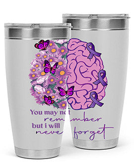 Floral Brain I Will Never Forget tumbler featuring a vibrant floral design, available in 20oz and 30oz sizes, made of stainless steel.
