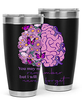 Floral Brain I Will Never Forget tumbler featuring a vibrant floral design, available in 20oz and 30oz sizes, made of stainless steel.