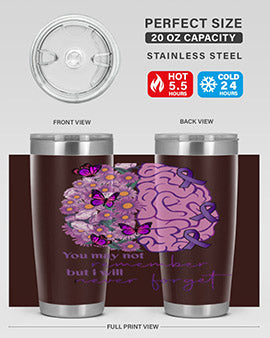 Floral Brain I Will Never Forget tumbler featuring a vibrant floral design, available in 20oz and 30oz sizes, made of stainless steel.