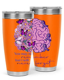 Floral Brain I Will Never Forget tumbler featuring a vibrant floral design, available in 20oz and 30oz sizes, made of stainless steel.