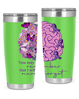 Floral Brain I Will Never Forget tumbler featuring a vibrant floral design, available in 20oz and 30oz sizes, made of stainless steel.