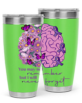 Floral Brain I Will Never Forget tumbler featuring a vibrant floral design, available in 20oz and 30oz sizes, made of stainless steel.