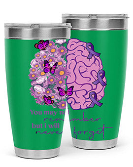 Floral Brain I Will Never Forget tumbler featuring a vibrant floral design, available in 20oz and 30oz sizes, made of stainless steel.