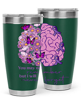 Floral Brain I Will Never Forget tumbler featuring a vibrant floral design, available in 20oz and 30oz sizes, made of stainless steel.