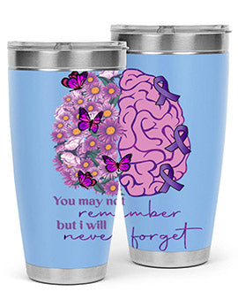 Floral Brain I Will Never Forget tumbler featuring a vibrant floral design, available in 20oz and 30oz sizes, made of stainless steel.