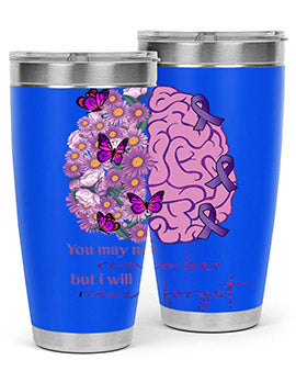 Floral Brain I Will Never Forget tumbler featuring a vibrant floral design, available in 20oz and 30oz sizes, made of stainless steel.