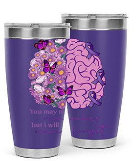 Floral Brain I Will Never Forget tumbler featuring a vibrant floral design, available in 20oz and 30oz sizes, made of stainless steel.