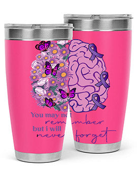 Floral Brain I Will Never Forget tumbler featuring a vibrant floral design, available in 20oz and 30oz sizes, made of stainless steel.