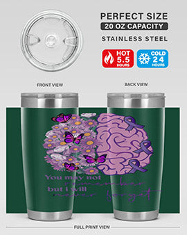 Floral Brain I Will Never Forget tumbler featuring a vibrant floral design, available in 20oz and 30oz sizes, made of stainless steel.