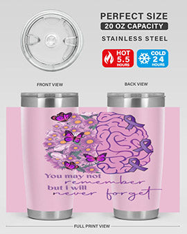Floral Brain I Will Never Forget tumbler featuring a vibrant floral design, available in 20oz and 30oz sizes, made of stainless steel.
