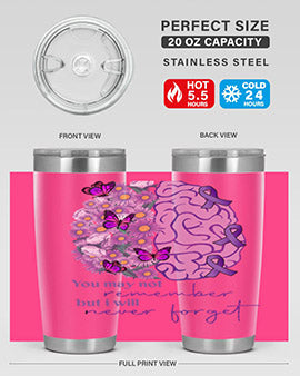 Floral Brain I Will Never Forget tumbler featuring a vibrant floral design, available in 20oz and 30oz sizes, made of stainless steel.