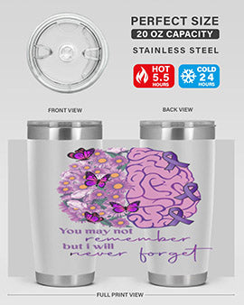 Floral Brain I Will Never Forget tumbler featuring a vibrant floral design, available in 20oz and 30oz sizes, made of stainless steel.