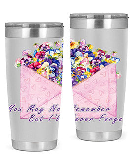 Floral Butterfly Alzheimer's Awareness Tumbler showcasing vibrant floral design and stainless steel construction.