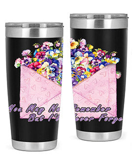 Floral Butterfly Alzheimer's Awareness Tumbler showcasing vibrant floral design and stainless steel construction.