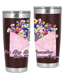 Floral Butterfly Alzheimer's Awareness Tumbler showcasing vibrant floral design and stainless steel construction.