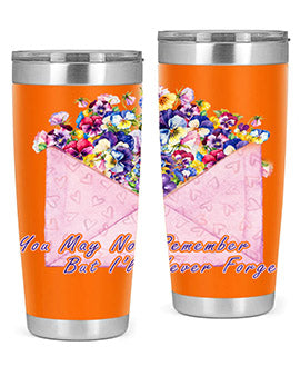 Floral Butterfly Alzheimer's Awareness Tumbler showcasing vibrant floral design and stainless steel construction.