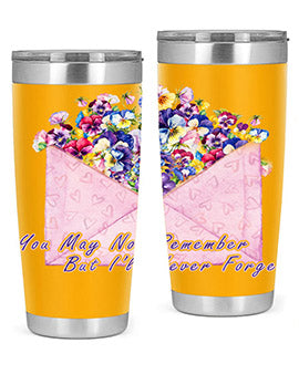 Floral Butterfly Alzheimer's Awareness Tumbler showcasing vibrant floral design and stainless steel construction.
