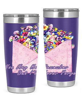 Floral Butterfly Alzheimer's Awareness Tumbler showcasing vibrant floral design and stainless steel construction.