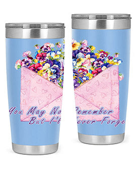 Floral Butterfly Alzheimer's Awareness Tumbler showcasing vibrant floral design and stainless steel construction.