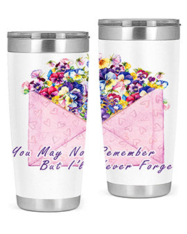 Floral Butterfly Alzheimer's Awareness Tumbler showcasing vibrant floral design and stainless steel construction.