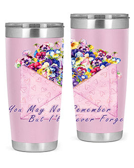 Floral Butterfly Alzheimer's Awareness Tumbler showcasing vibrant floral design and stainless steel construction.