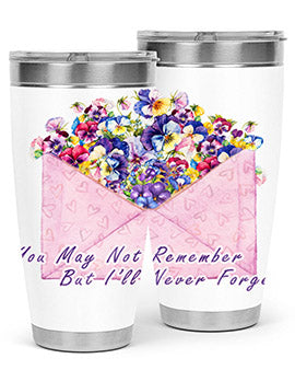 Floral Butterfly Alzheimer's Awareness Tumbler showcasing vibrant floral design and stainless steel construction.