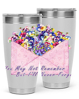 Floral Butterfly Alzheimer's Awareness Tumbler showcasing vibrant floral design and stainless steel construction.