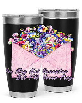 Floral Butterfly Alzheimer's Awareness Tumbler showcasing vibrant floral design and stainless steel construction.