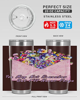 Floral Butterfly Alzheimer's Awareness Tumbler showcasing vibrant floral design and stainless steel construction.