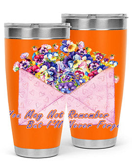 Floral Butterfly Alzheimer's Awareness Tumbler showcasing vibrant floral design and stainless steel construction.