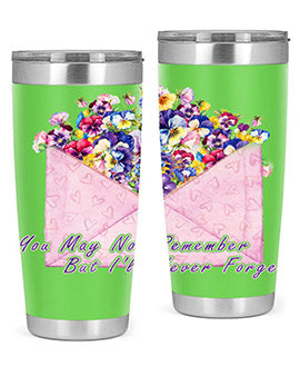 Floral Butterfly Alzheimer's Awareness Tumbler showcasing vibrant floral design and stainless steel construction.