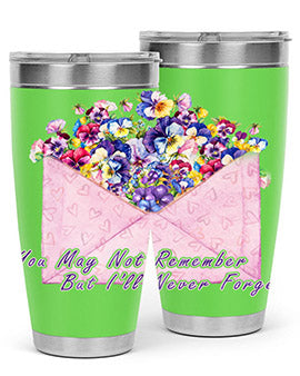 Floral Butterfly Alzheimer's Awareness Tumbler showcasing vibrant floral design and stainless steel construction.