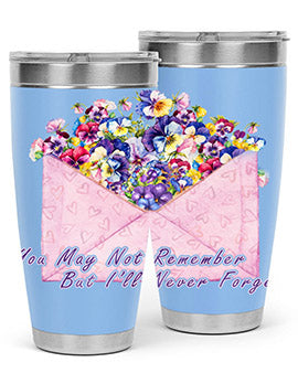 Floral Butterfly Alzheimer's Awareness Tumbler showcasing vibrant floral design and stainless steel construction.