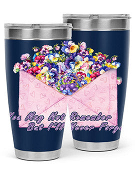 Floral Butterfly Alzheimer's Awareness Tumbler showcasing vibrant floral design and stainless steel construction.